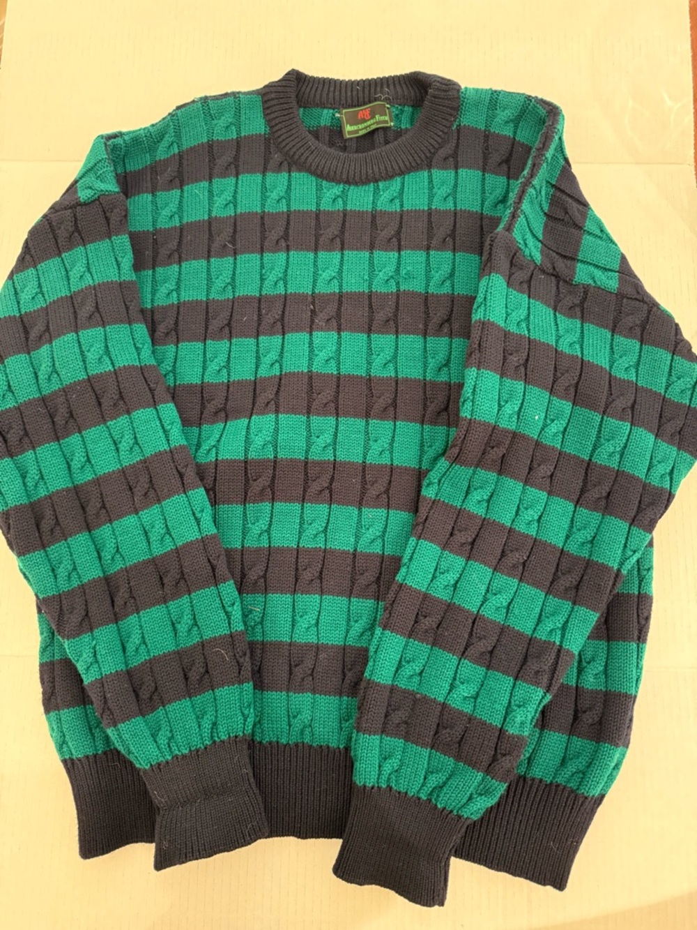 Abercrombie & Fitch Green and Navy Striped Crewneck Sweater 1990’s Fashion